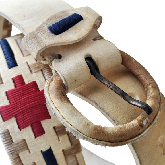 Vintage Handmade Rustic Cowhide Belt Mens Medium Wax Thread Embroidery - Picture 5 of 9